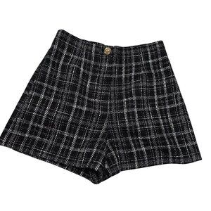 Zara Womens Black & White Plaid Tweed High-Waisted Shorts Size M